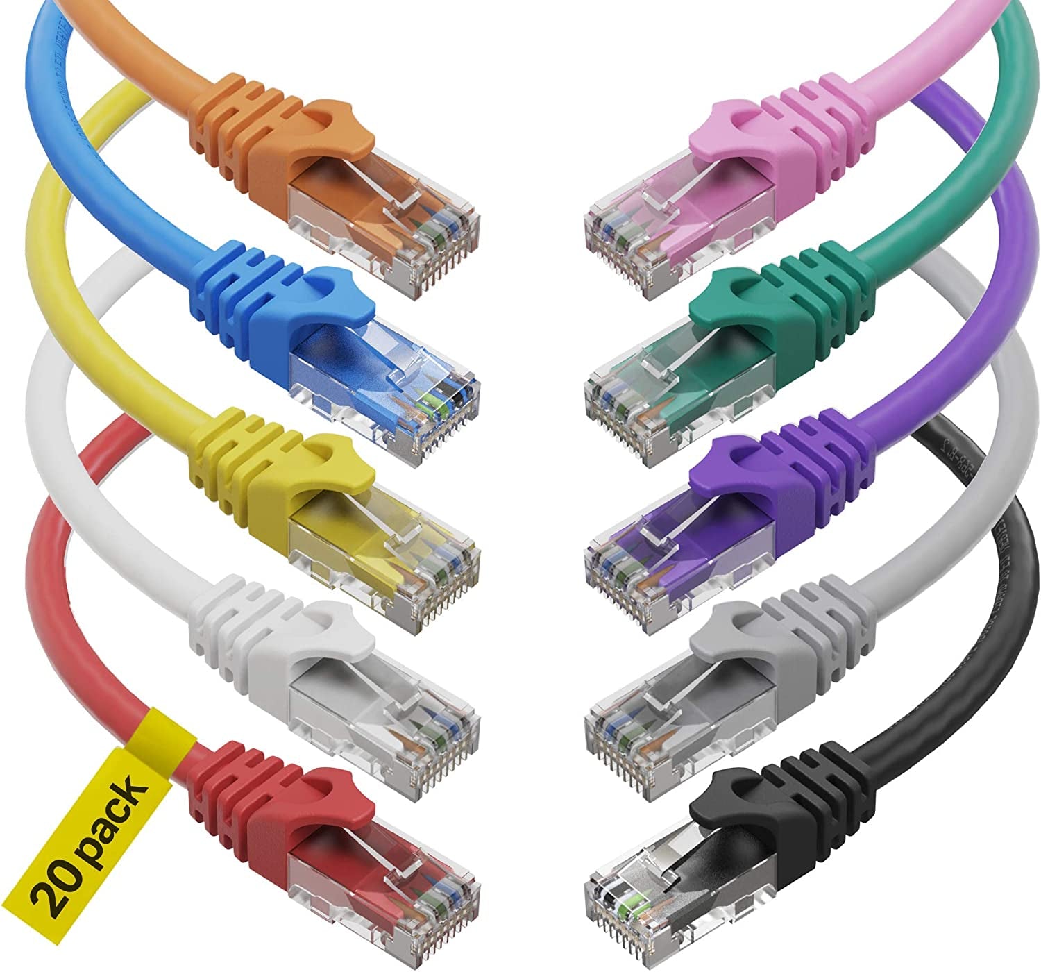 Cat6 Ethernet Cable (1 Feet) LAN, UTP Cat 6 RJ45, Network, Patch, Internet Cable - 20 Pack (1 Ft)