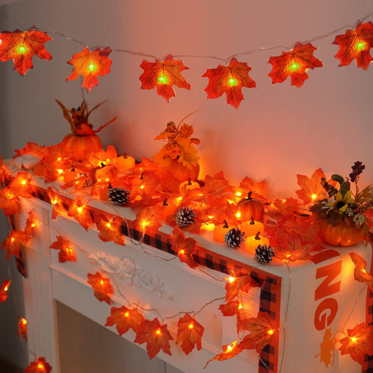 2 PCS Thanksgiving Decorations for Home, Thanksgiving Lights Battery Operated, Total 20Ft 40 LED Lighted Fall Garland Maple Leaves for Halloween Holiday Autumn Harvest Fall Thanksgiving Decor